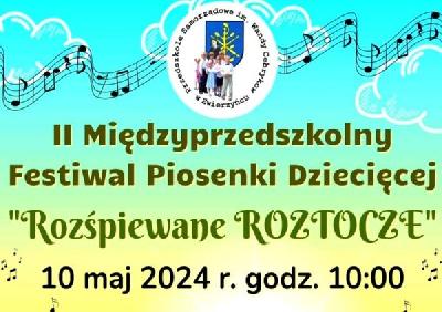 Plakat z nutkami i napisem II Międzyprzedszkolny Festiwal Piosenki Dziecięcej.